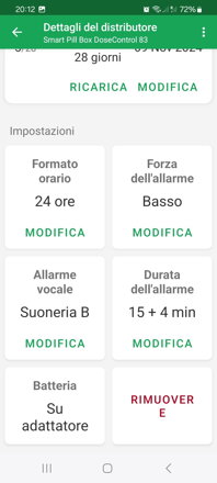 Menu principale con indicazione del regime di dosaggio e delle impostazioni dell'erogatore - formato dell'ora, intensità dell'allarme, suono dell'allarme, durata dell'allarme e stato della batteria